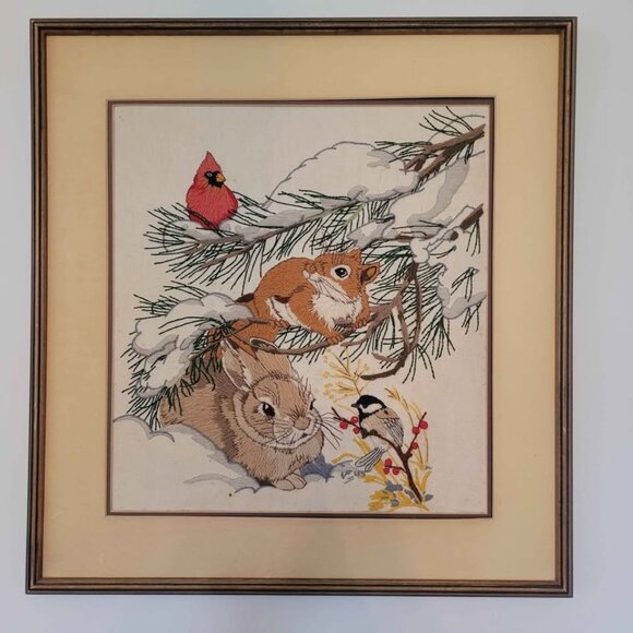 Crewel Needlecraft of Woodland Creatures Animals Framed Vtg Signed VF 85 damage - Picture 1 of 10